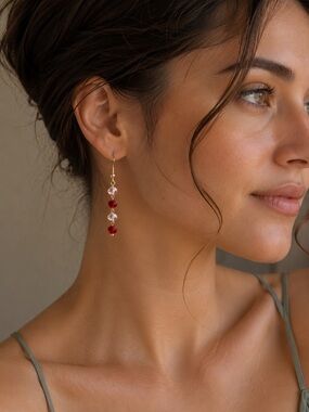 Handmade Gold Red and Pink Crystal Drop Earrings